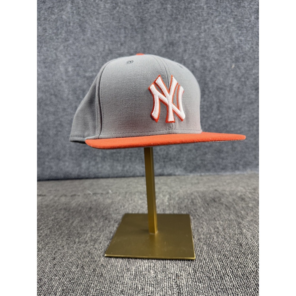 New York Yankees Hat Cap Fitted Mens 7 3/8 Gray Orange MLB Baseball New Era